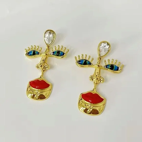 Vintage Surrealism Gold Blue Eyes Earrings - Picture 6 of 11